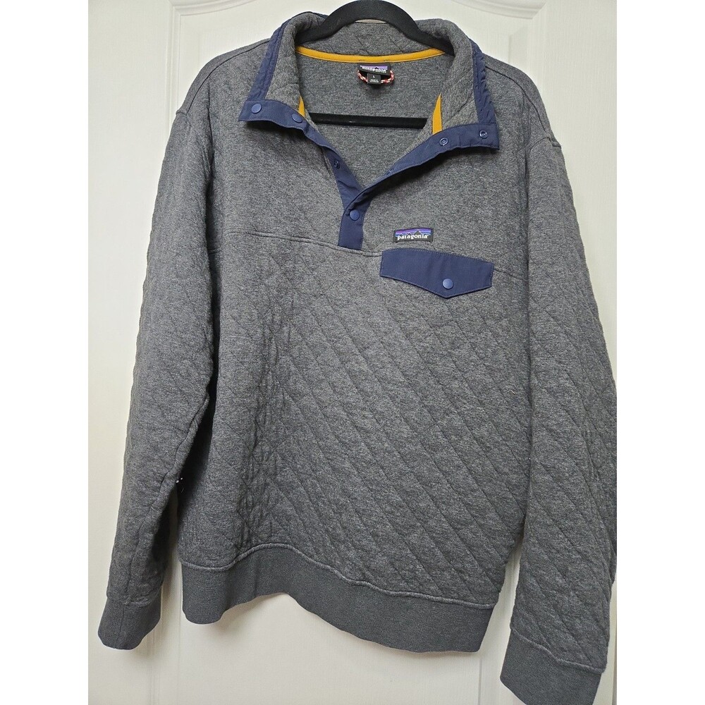 Patagonia Worn Wear LARGE Quilt Snap Sweater Jacket Organic Cotton Dark Gray EUC